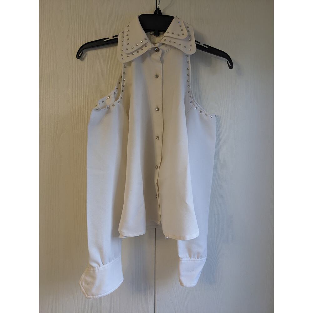 King James Women's White Button Down Collared Cold Shoulder Polyester Top Size 8